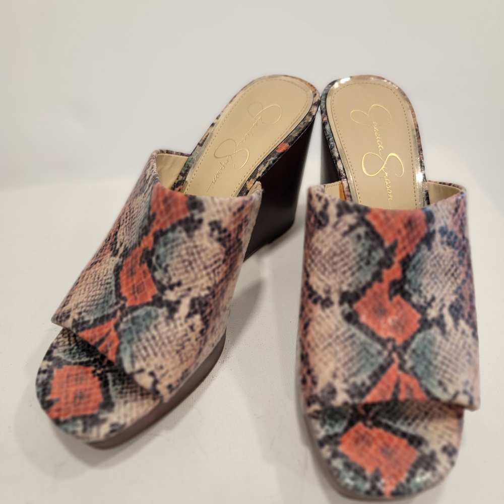 Jessica Simpson Orange Reddish and Tan Mules Exotic Faux Snakeskin Design